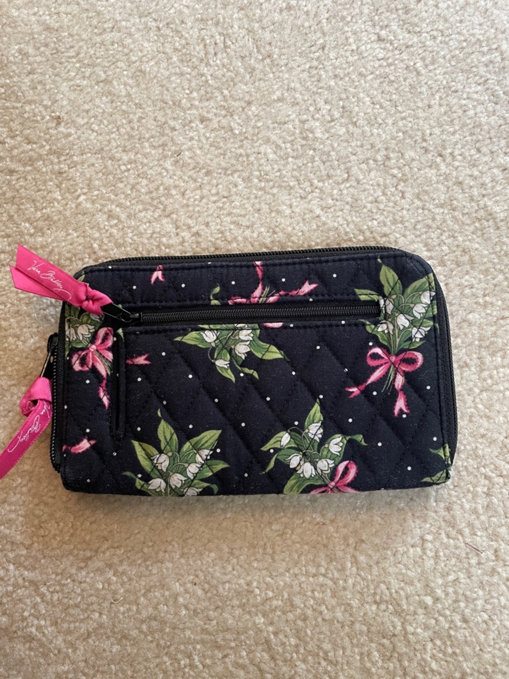 New Condition-Vera Bradley Black Quilted Wallet with Pink Ribbon & Green Floral